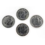 Four Elizabeth II Britannia one ounce fine silver two pounds comprising dates 2014, 2015, 2016 and