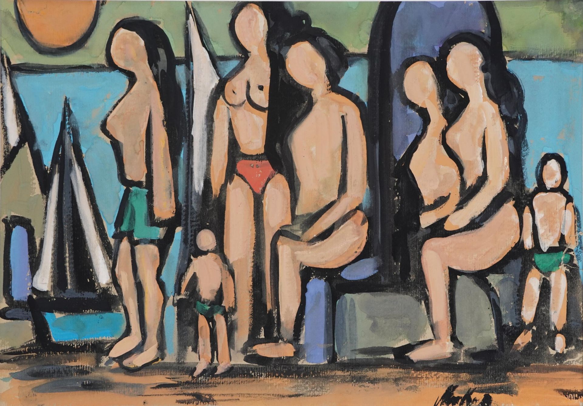 Manner of Markey Robinson - Nude family, Irish school gouache on card, mounted, unframed, 49.5cm x