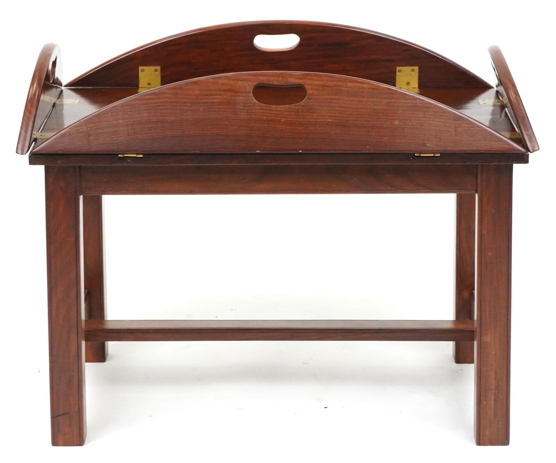 Mahogany butler's tray table with folding sides and brass foliate inlay, 56cm H x 74cm W x 50cm D as - Image 5 of 5