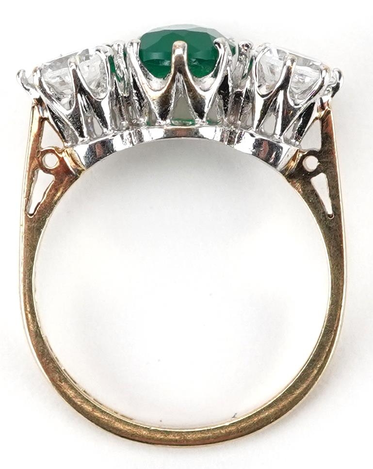 9ct gold emerald and cubic zirconia three stone ring, the emerald approximately 7.80mm x 6.10mm x - Image 3 of 5