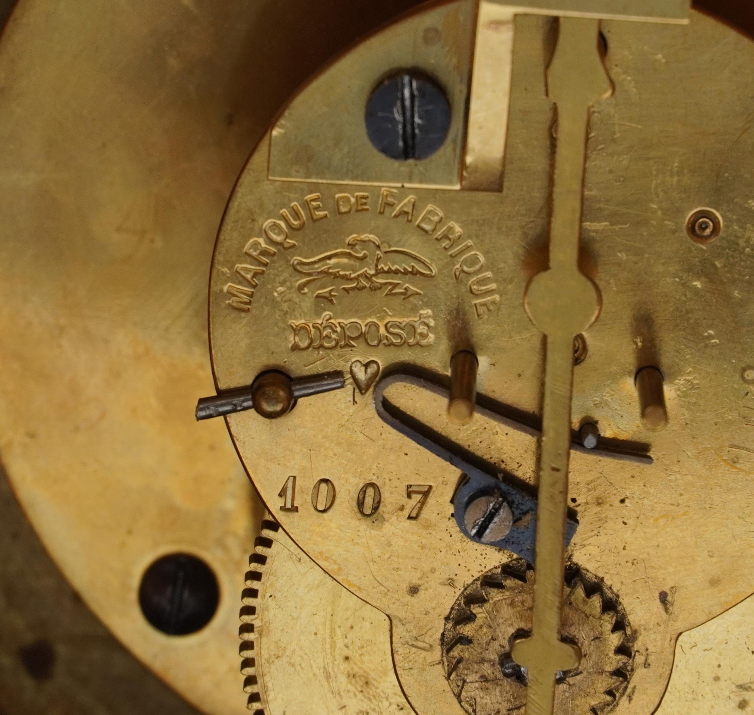 19th century French walnut and ebonised mantle clock with visible Brocot escapement having - Image 4 of 4