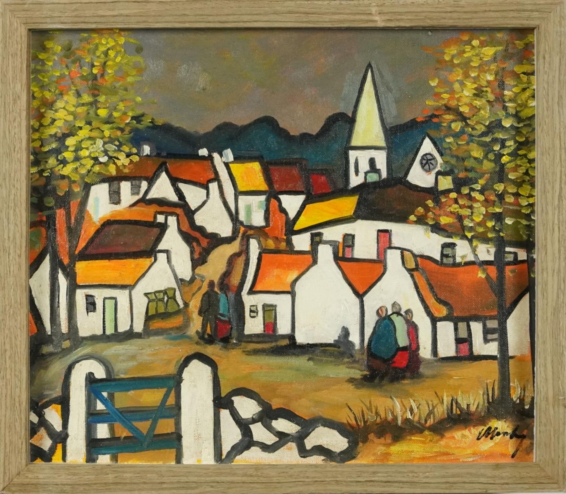 Manner of Markey Robinson - Figures before cottages, Irish school oil on board, framed, 35cm x - Bild 2 aus 4