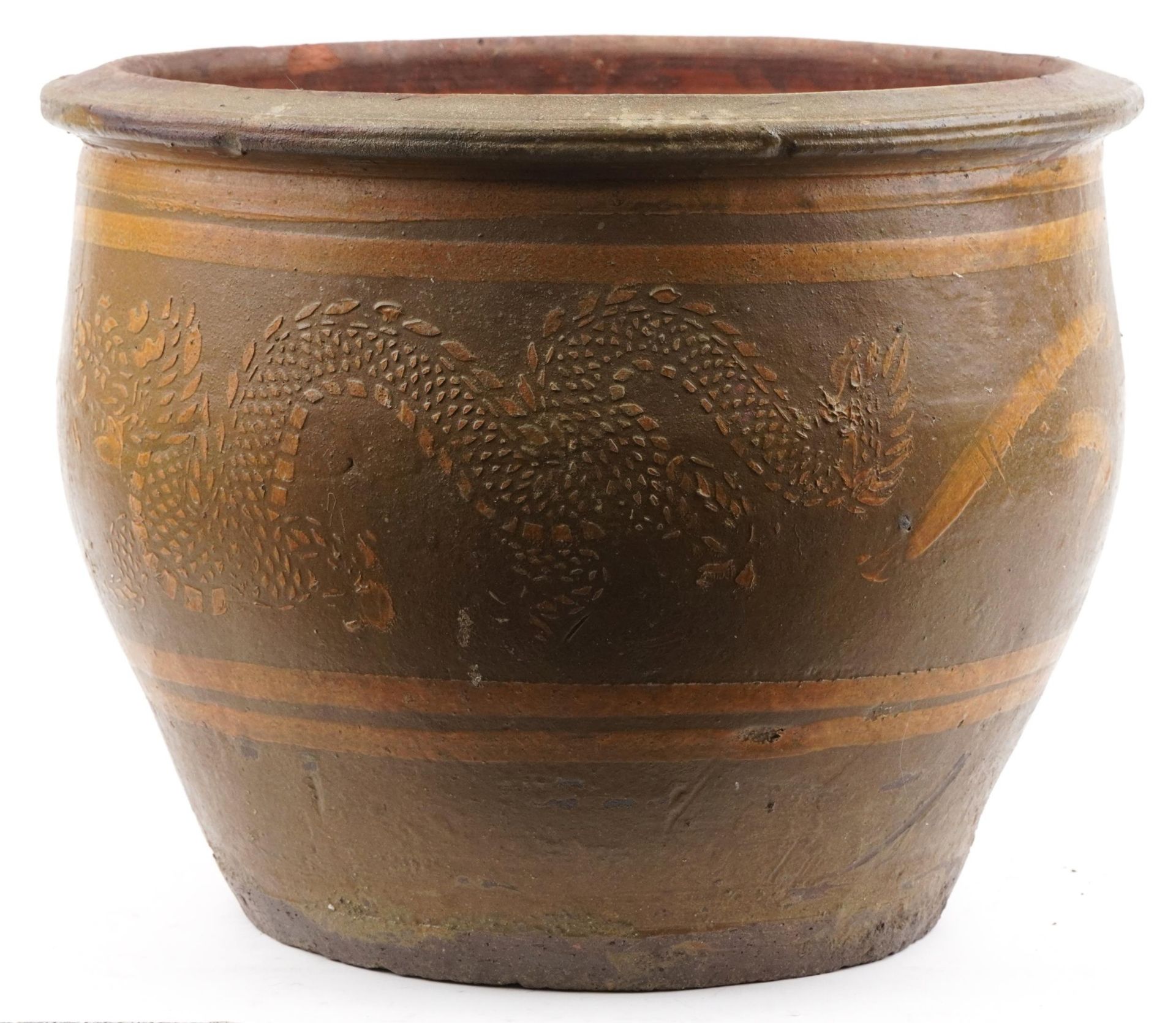 Large Chinese archaic style terracotta planter having and ash and brown glaze, incised with two - Image 4 of 6