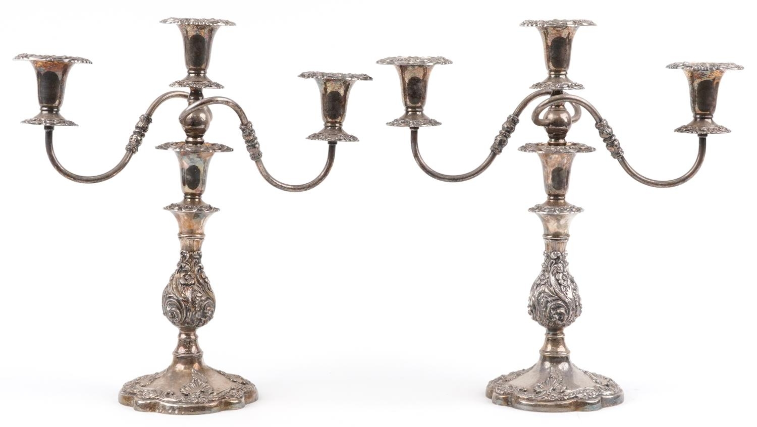 Large pair of classical silver plated three branch candelabras, each 41cm high - Image 3 of 5