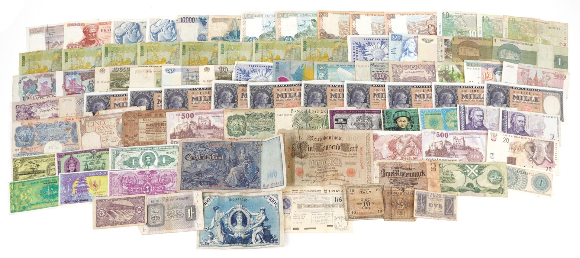 Collection of world banknotes including France and Cyprus