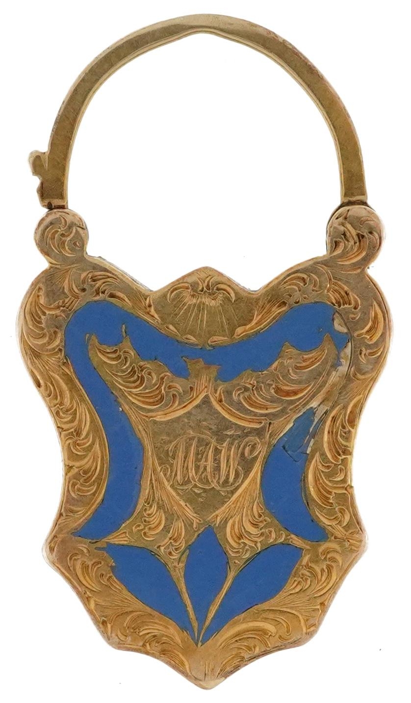 Victorian yellow metal blue enamel and goldstone jewellery clasp in the form of a padlock, 3.2cm