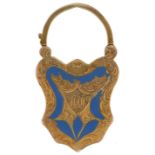 Victorian yellow metal blue enamel and goldstone jewellery clasp in the form of a padlock, 3.2cm