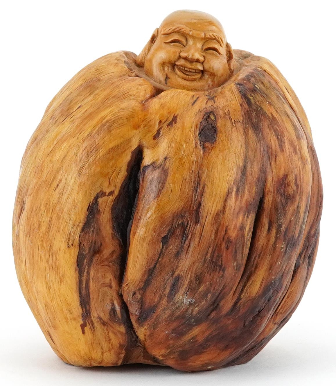 Chinese root wood carving of a happy Buddha, 15cm high
