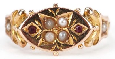 Antique 15ct gold ruby and seed pearl ring with ornate setting, indistinct Chester hallmarks, size