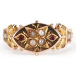 Antique 15ct gold ruby and seed pearl ring with ornate setting, indistinct Chester hallmarks, size