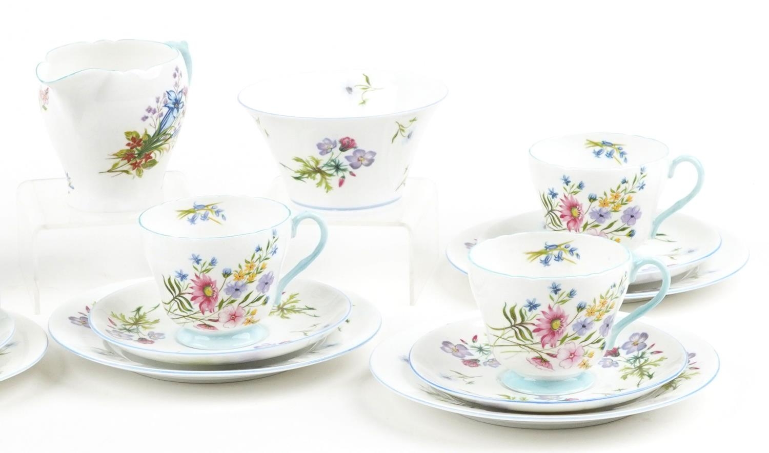 Shelley Wild Flowers six place tea service comprising six trios, milk jug, sugar bowl and sandwich - Image 3 of 4