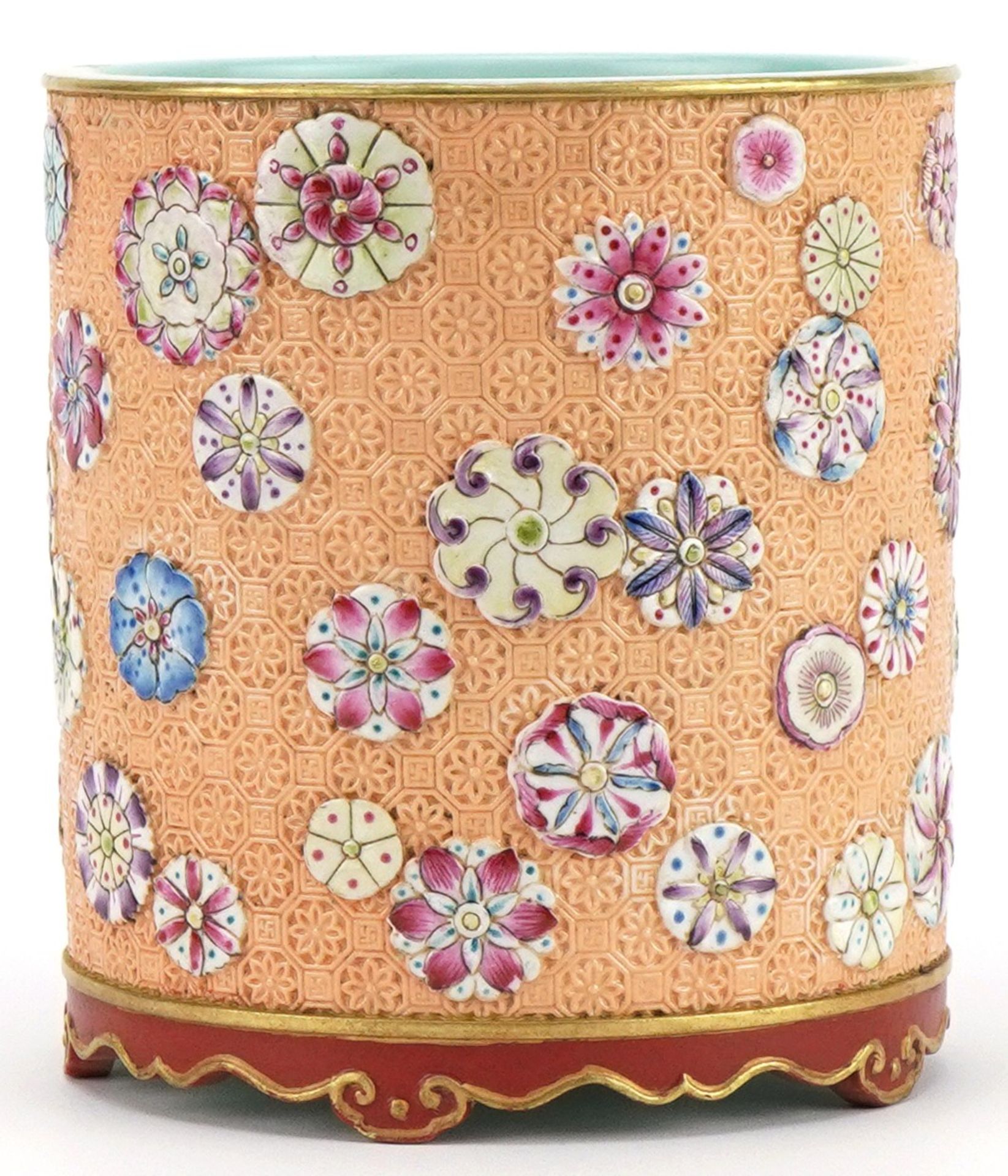 Chinese porcelain cylindrical brush pot hand painted in the famille rose palette and decorated in - Image 6 of 10