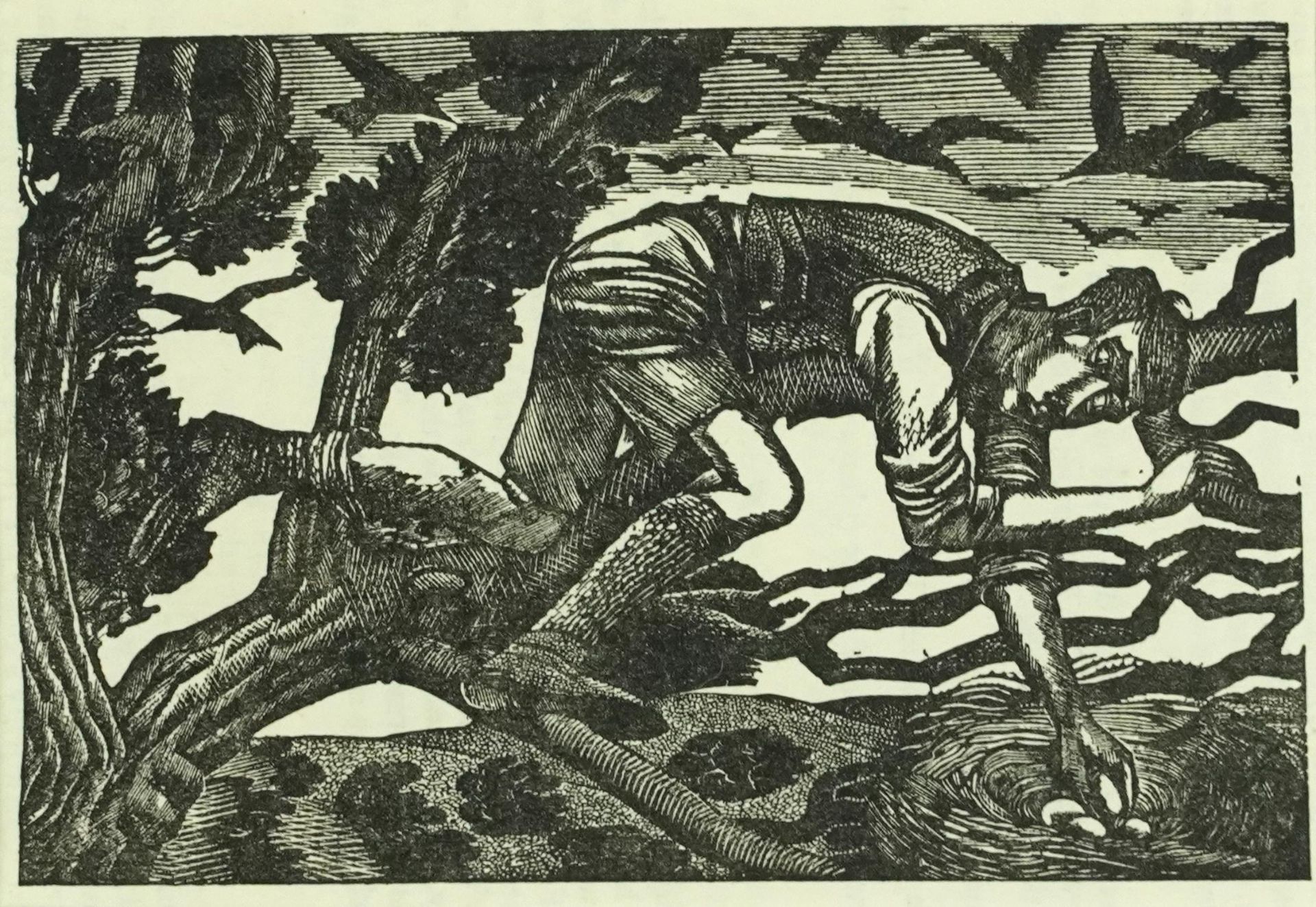 Eric Ravilious - Bird nesting, woodcut print inscribed The London Mercury 1933 verso, mounted,