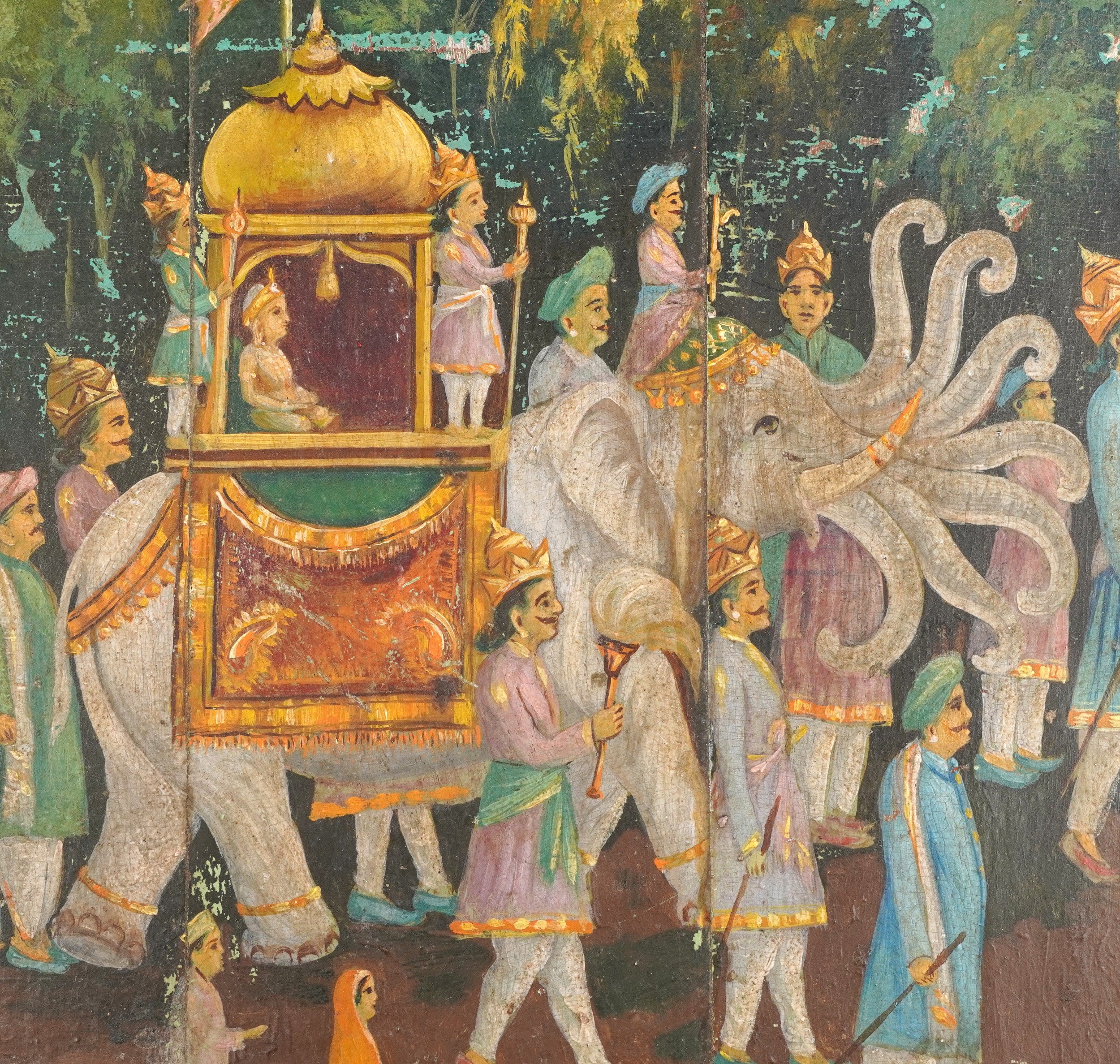19th century Indian wood panel hand painted with a procession and mahout, 72.5cm x 68cm - Image 2 of 4