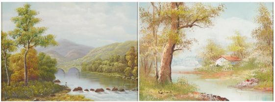 River landscapes, two oils, each framed, each 39.5cm x 29.5cm excluding the frames