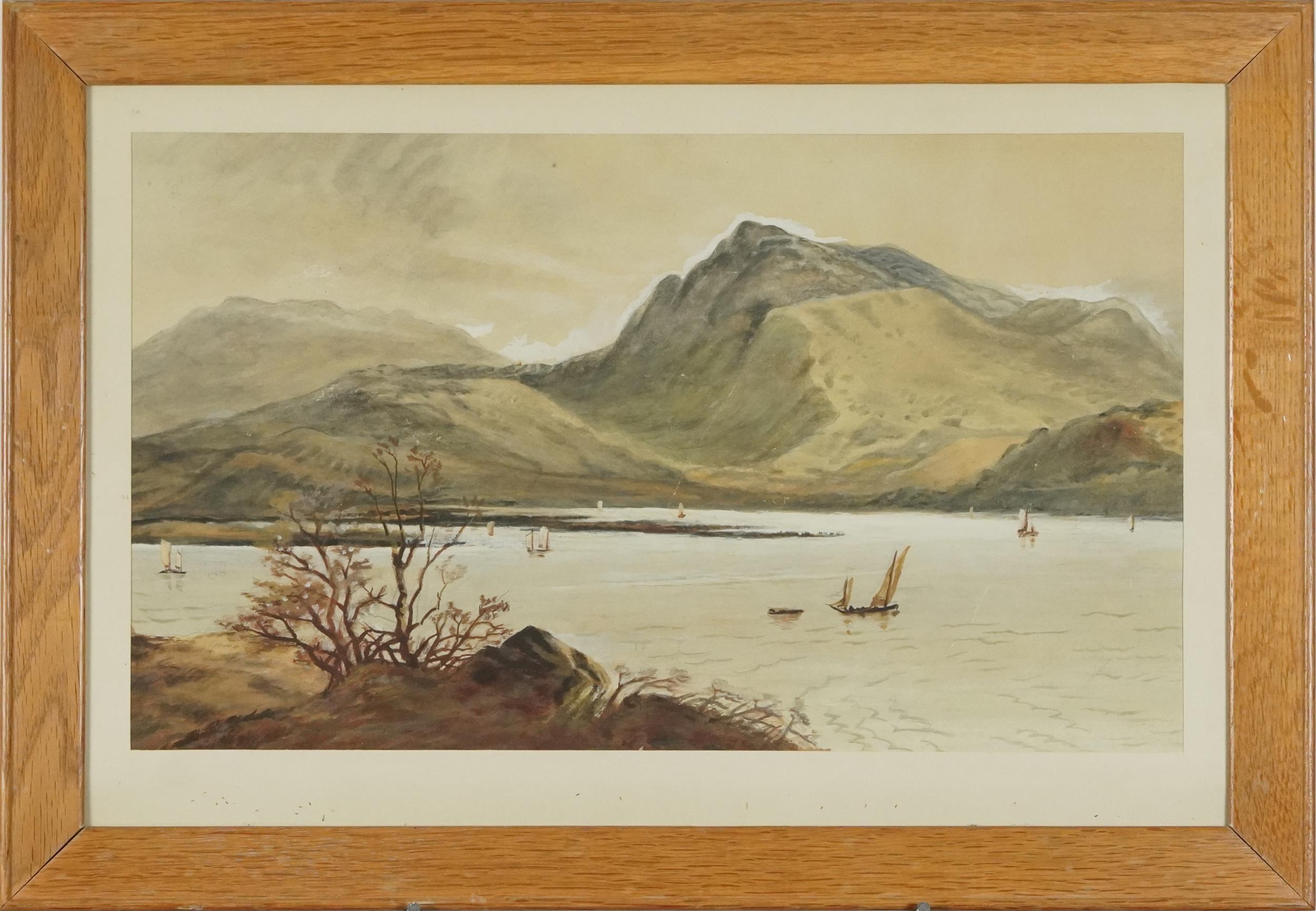 Lake scenes with fishing boats, pair of continental school heightened watercolours, mounted, - Image 6 of 7