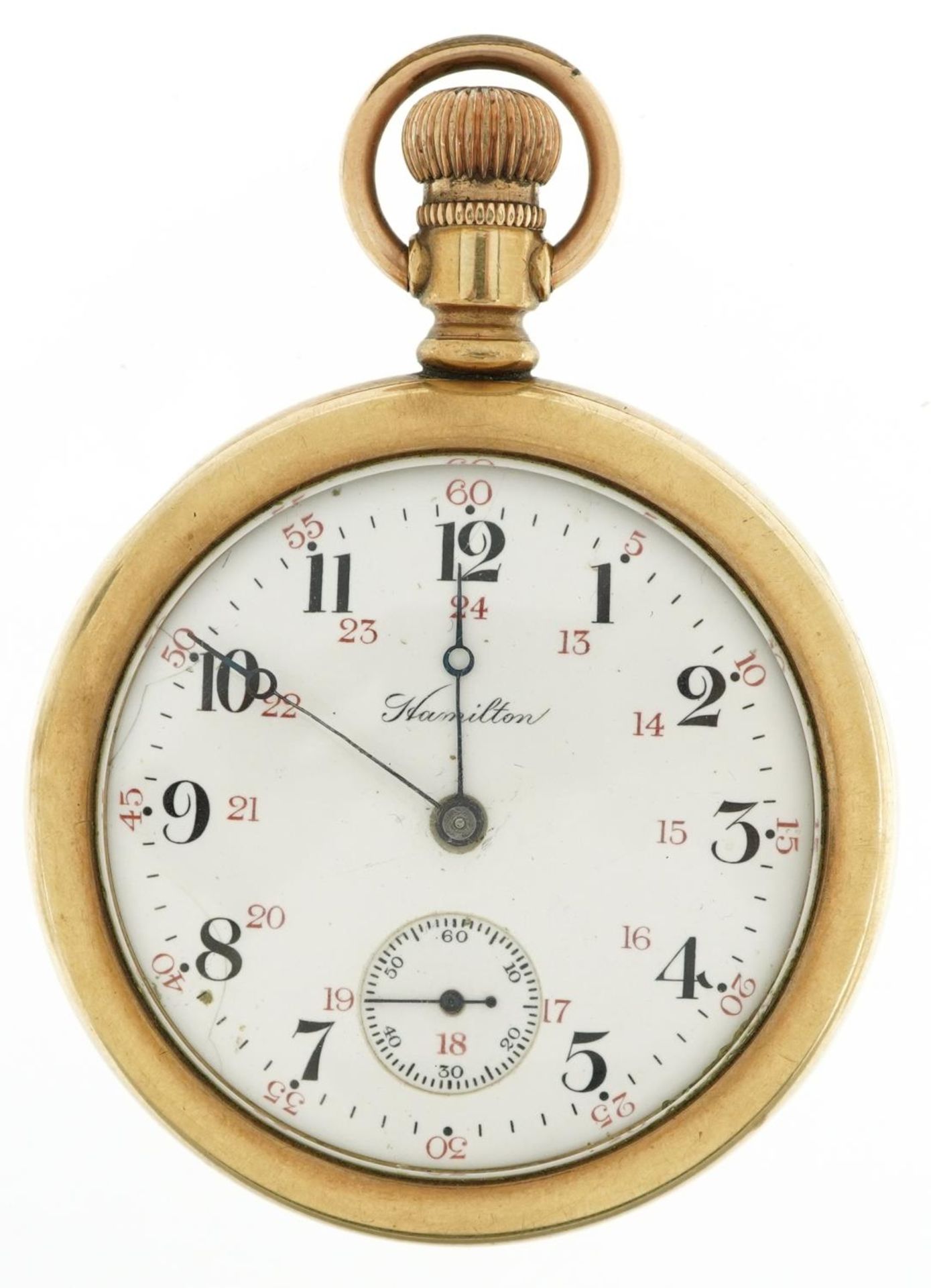 Hamilton Watch Co, gentlemen's gold plated keyless open face pocket watch having enamelled and