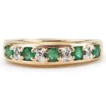 9ct gold diamond and emerald half eternity ring, indistinct marks to the band, size M/N, 2.1g