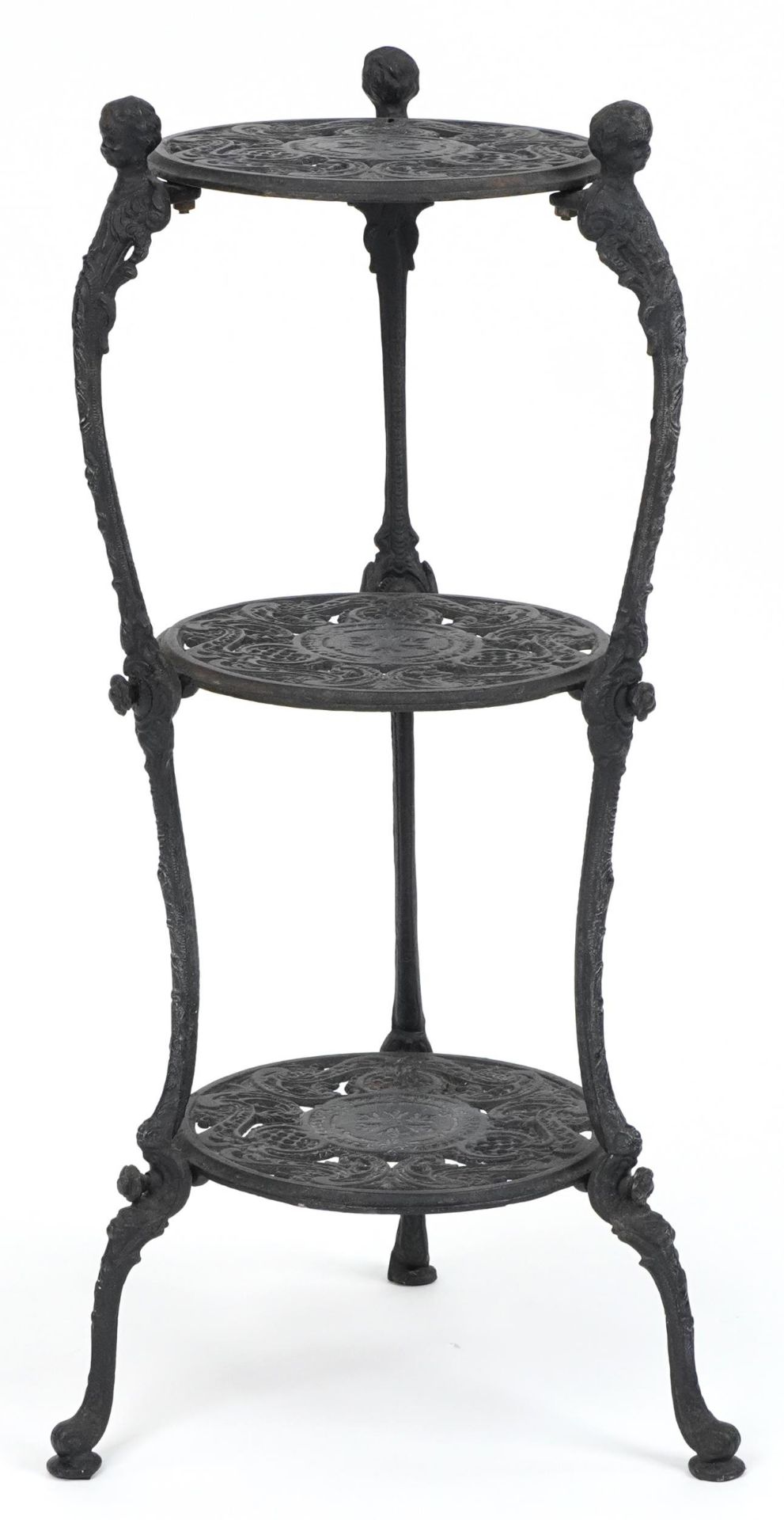Victorian style cast iron three tier plant stand with figural mounts, 74cm high - Image 3 of 3