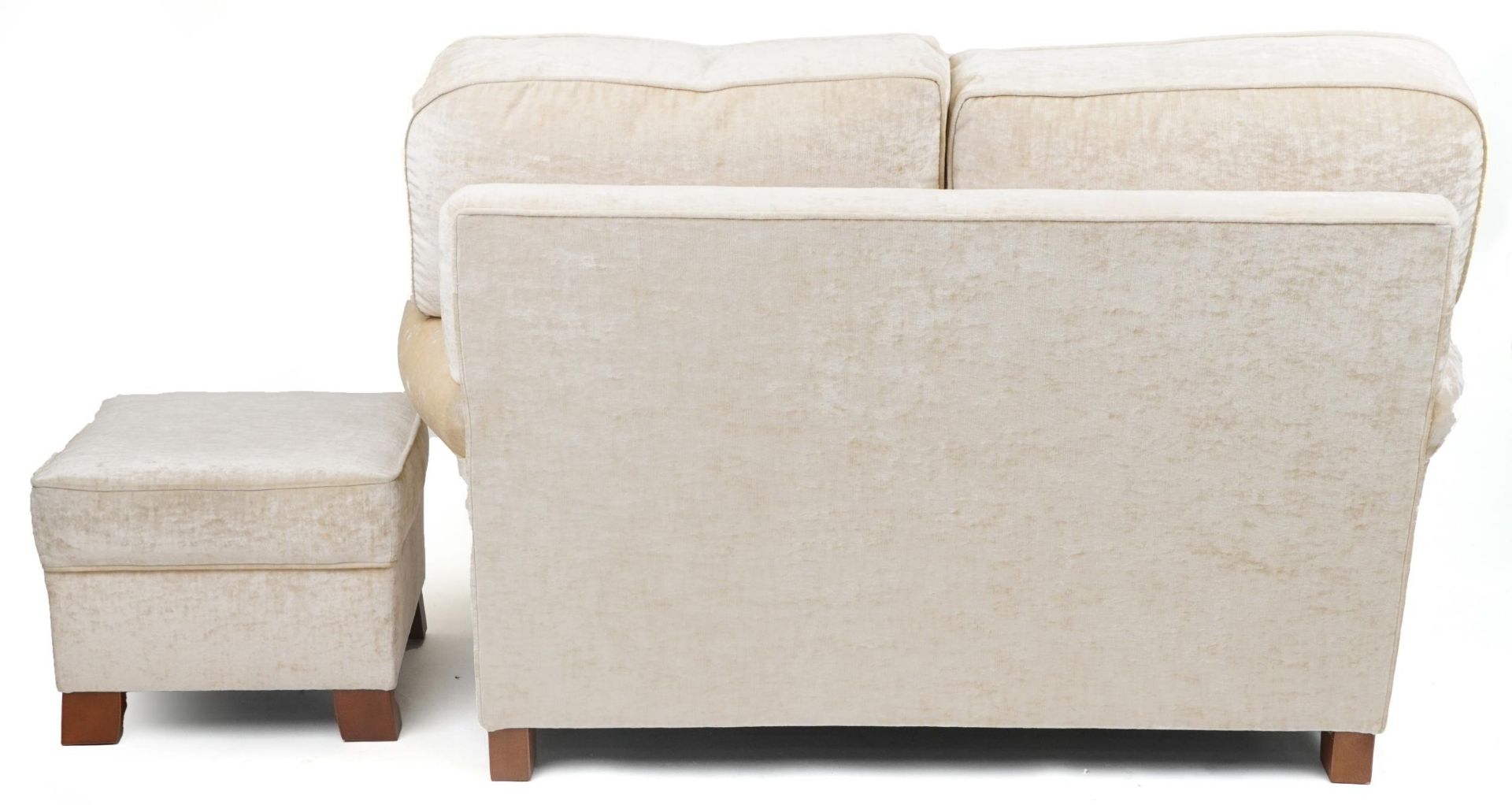 Contemporary beige upholstered two seater settee with matching footstool, 100cm H x 145cm W x - Image 4 of 4