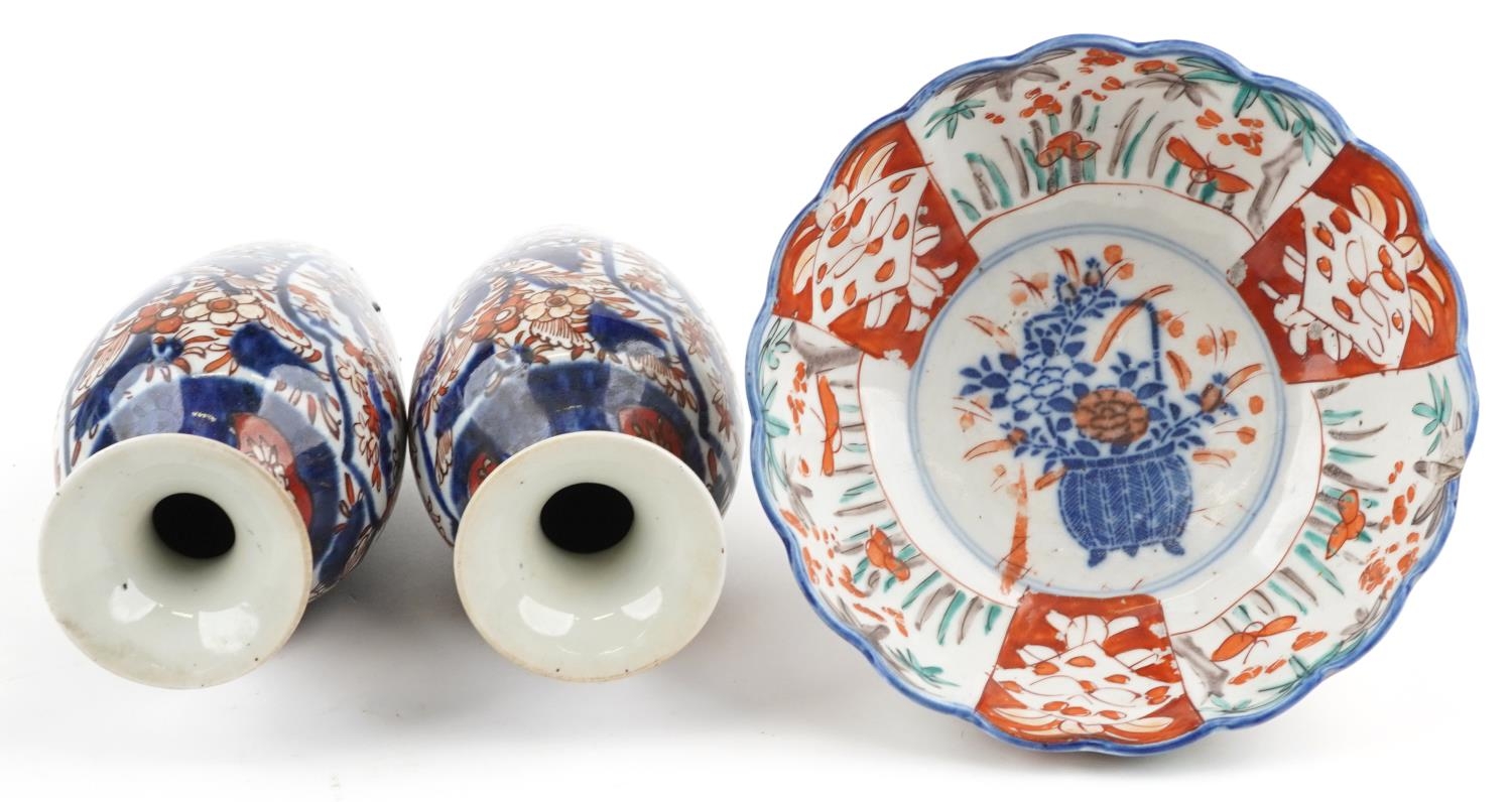 Japanese Imari porcelain including a pair of vases hand painted with flowers, the largest 19cm high - Image 7 of 9