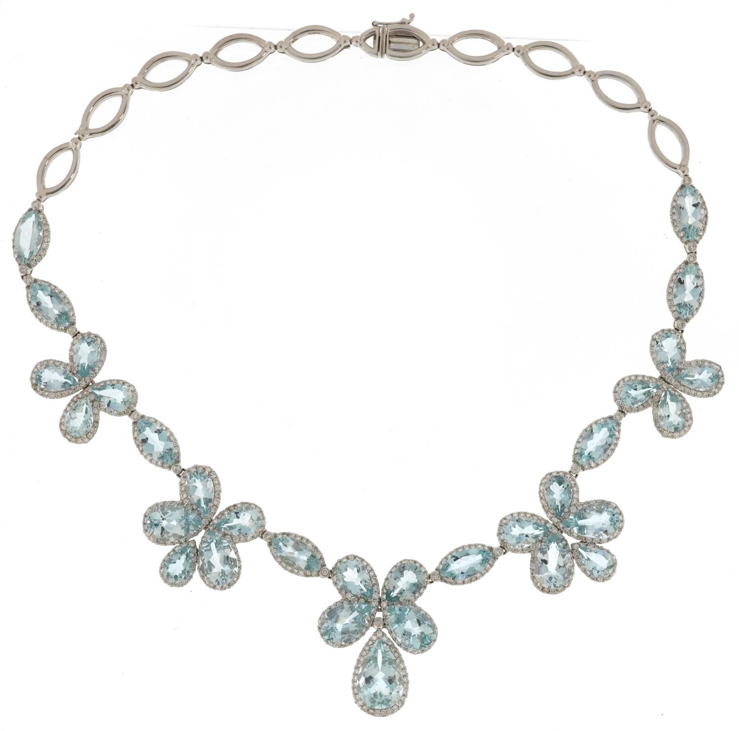 Good 18ct white gold teardrop aquamarine and diamond floral necklace, the largest aquamarine - Image 4 of 9