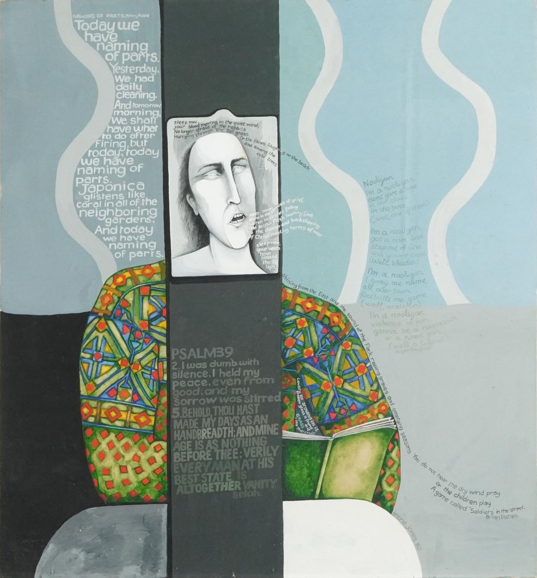 Irene Jones 1980 - Psalm 39, Cornish school gouache on board, framed and glazed, 49.5cm x 46cm