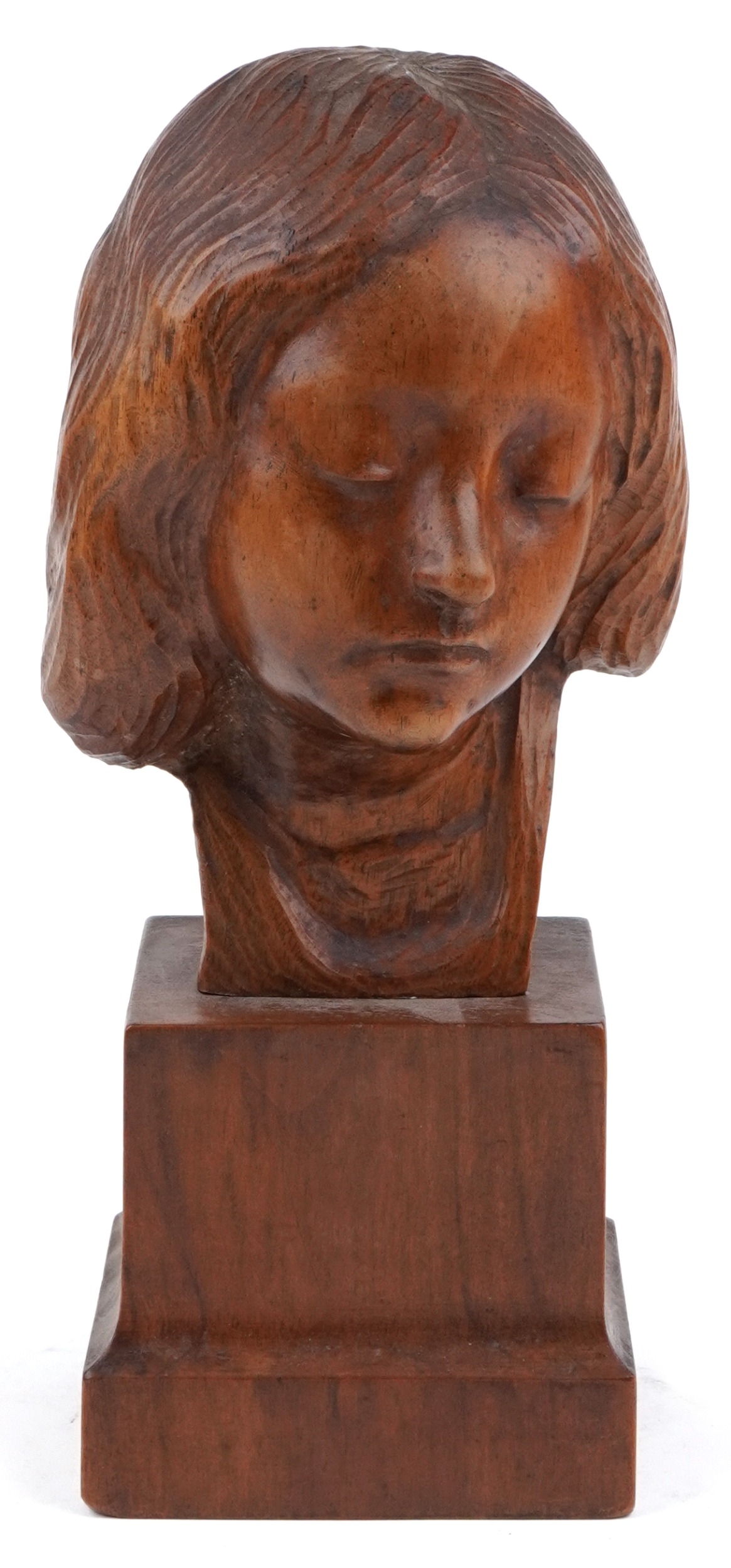 Continental carved fruitwood bust of a young female raised on a square block base, indistinctly - Image 2 of 5