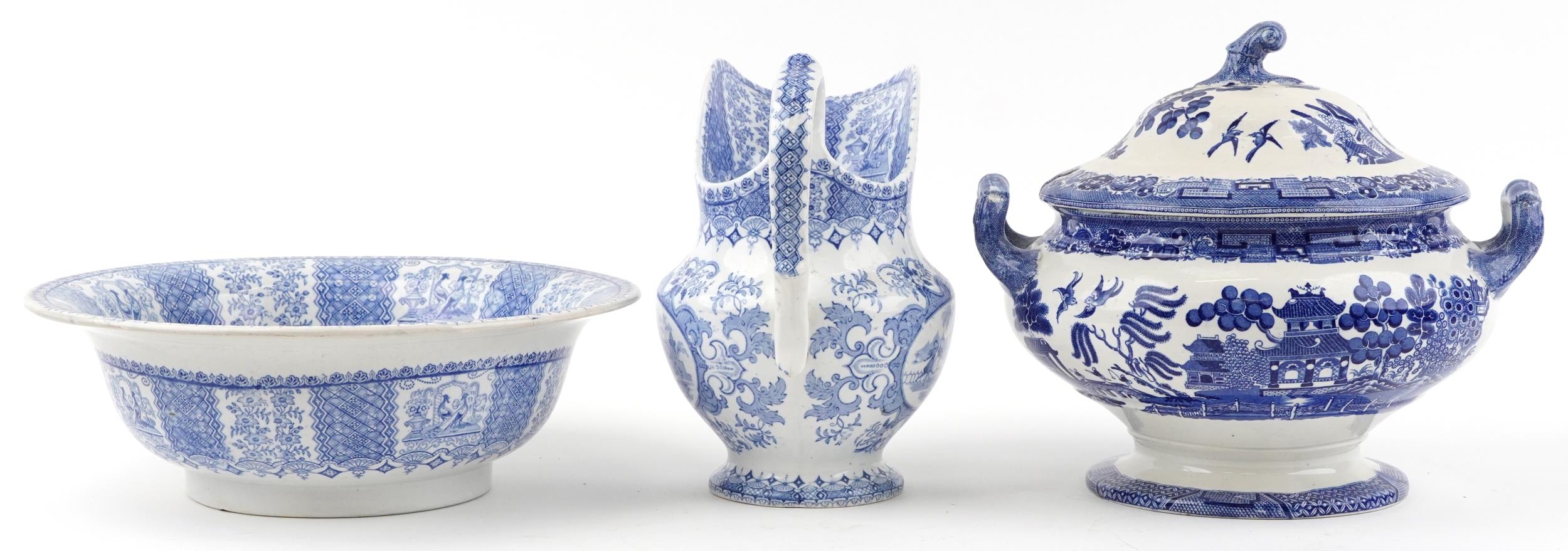 Victorian blue and white wash jug and basin, transfer printed in the Tyrolienne pattern and a - Image 6 of 10