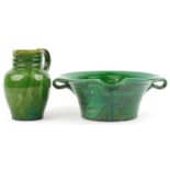 Continental green glazed pottery twin handled vessel impressed El Campo and a similar jug, 37cm wide