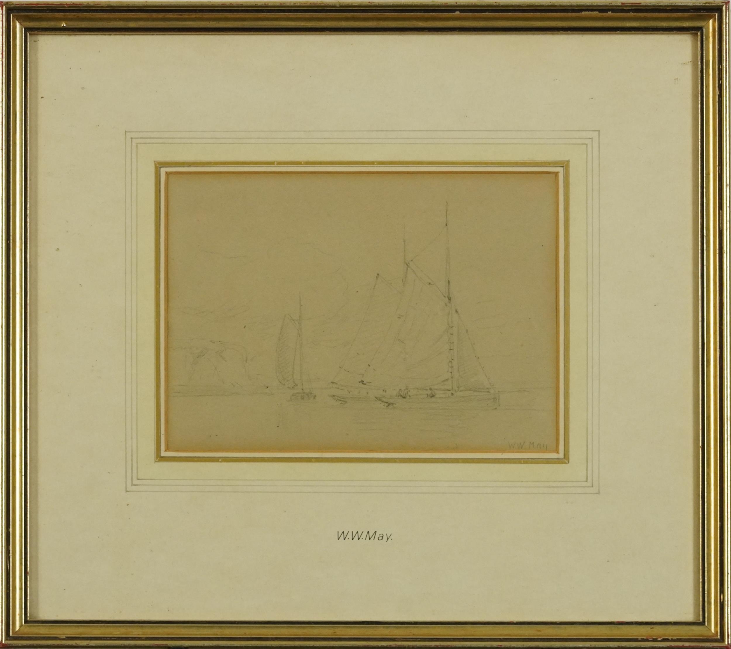 Walter William May - Sailing boats with figures, pencil, mounted, framed and glazed, 16.5cm x 12cm - Image 2 of 4