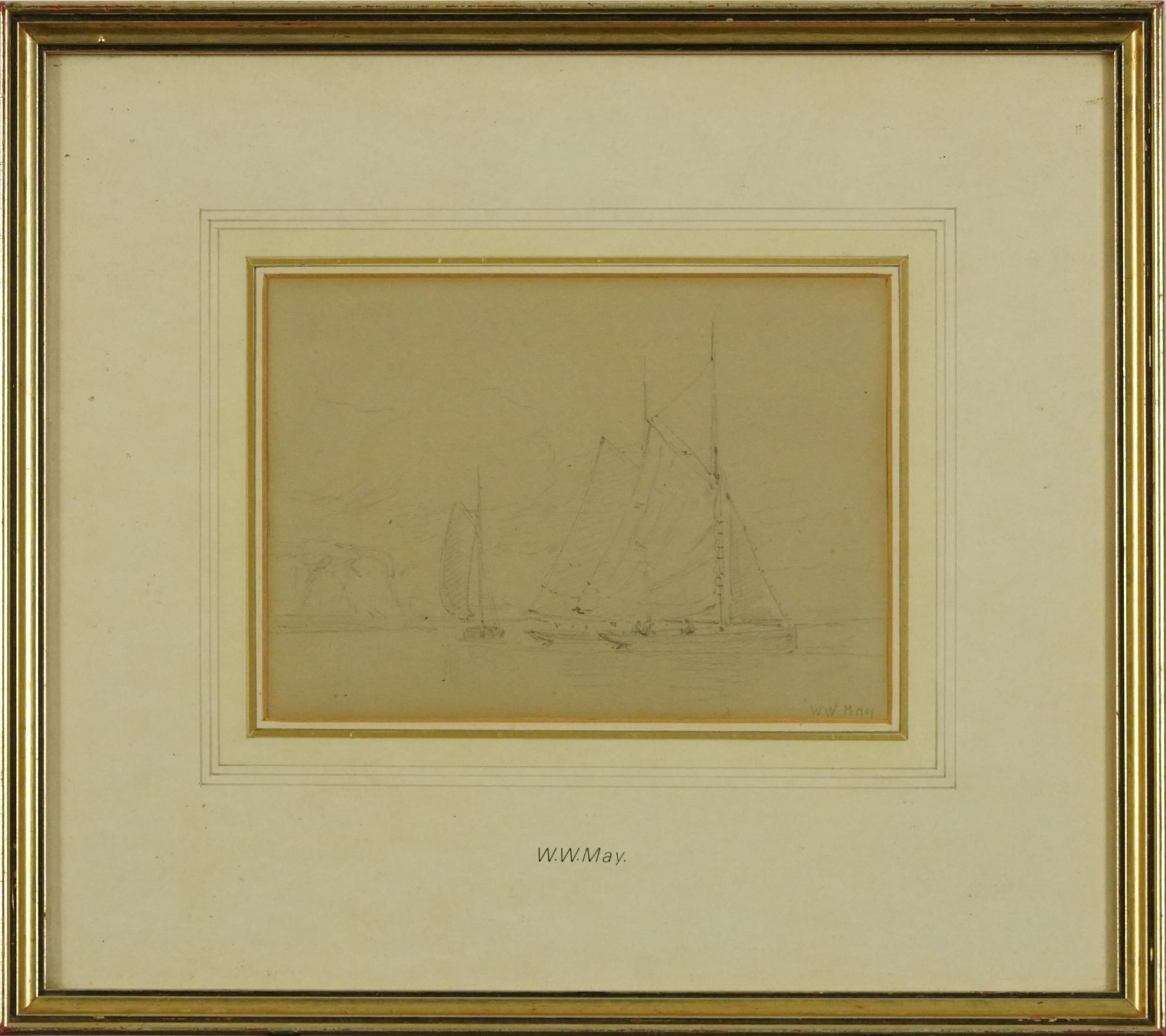 Walter William May - Sailing boats with figures, pencil, mounted, framed and glazed, 16.5cm x 12cm - Bild 2 aus 4