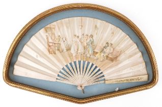 19th century European silk and cream painted brisee fan housed in a gilt frame, overall 61cm wide