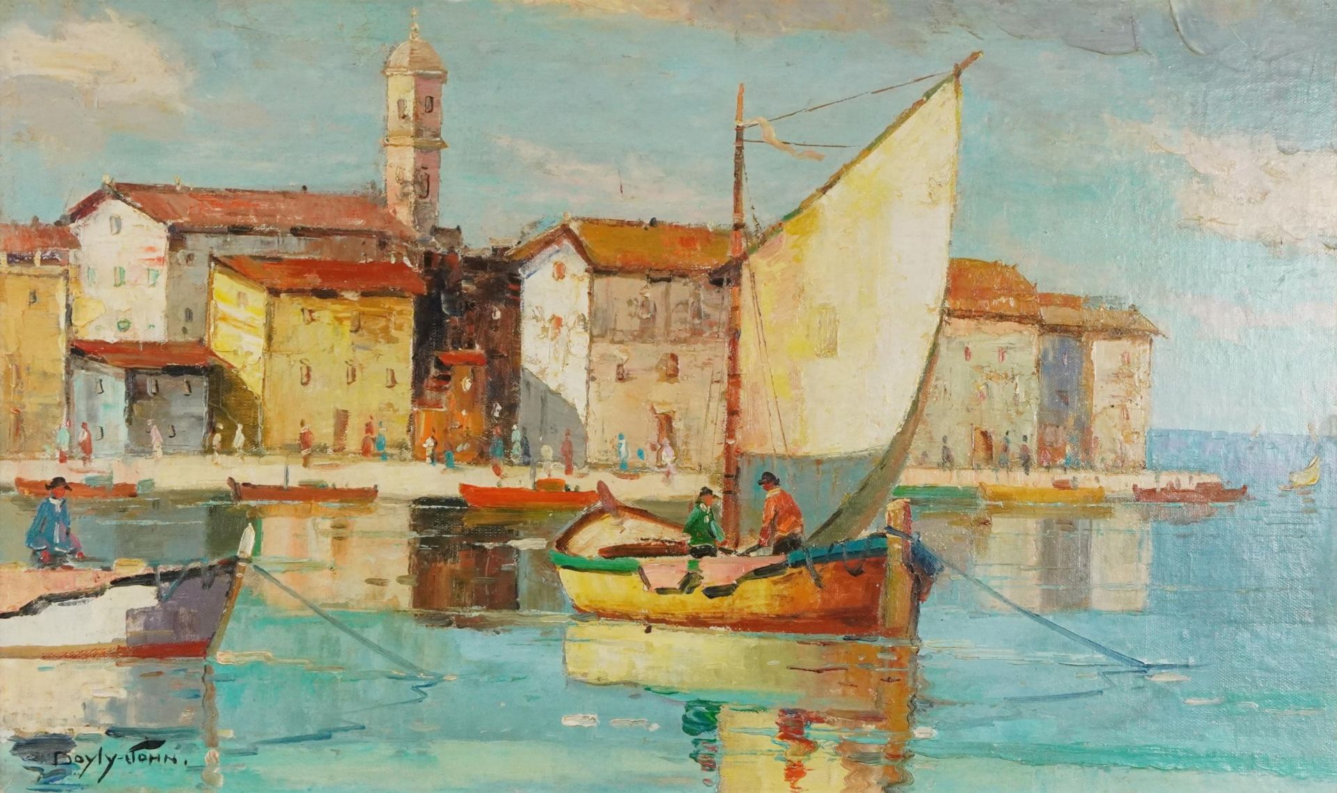 After Cecil Rochfort D'Oyly John - Continental harbour, Impressionist oil, framed, 72.5cm x 43cm