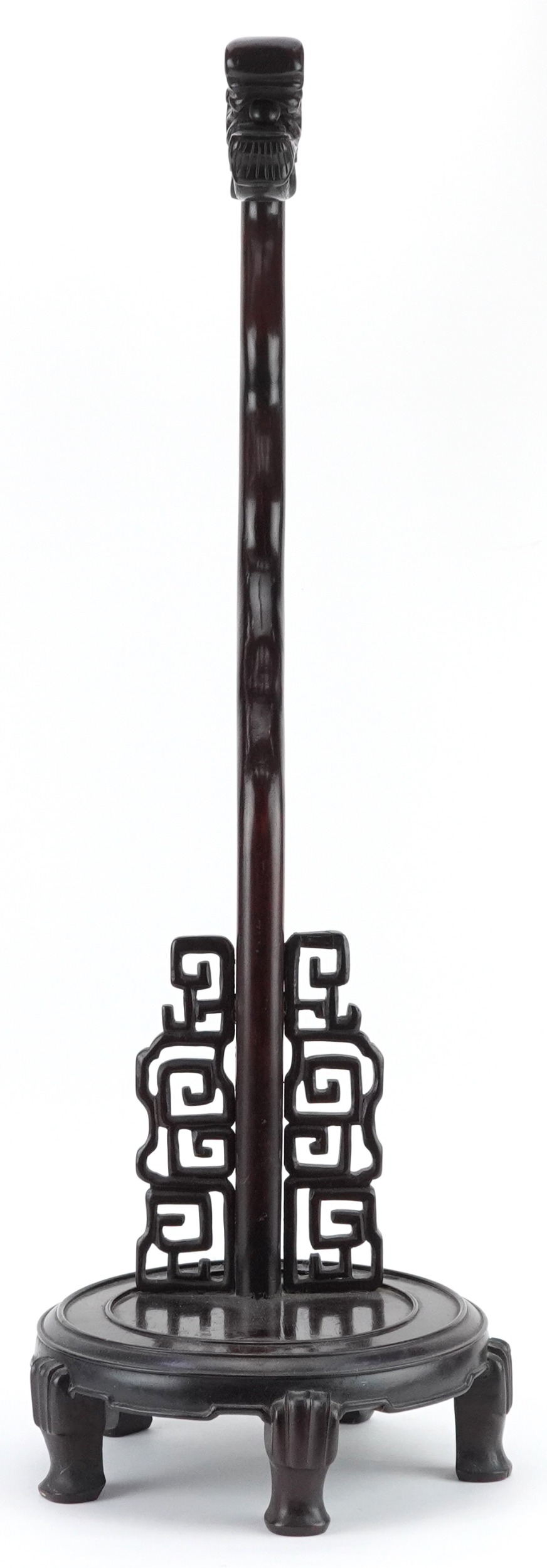 Chinese hardwood monastery bell stand carved with a dragon's head, possibly Hongmu, 71cm high - Image 2 of 8
