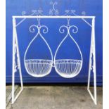 White painted iron his and hers lover's swing, 237cm H x 197cm W x 102cm D