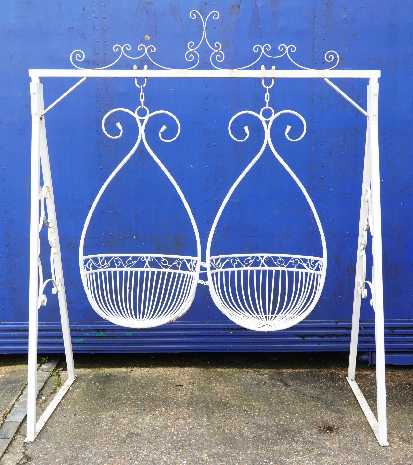 White painted iron his and hers lover's swing, 237cm H x 197cm W x 102cm D