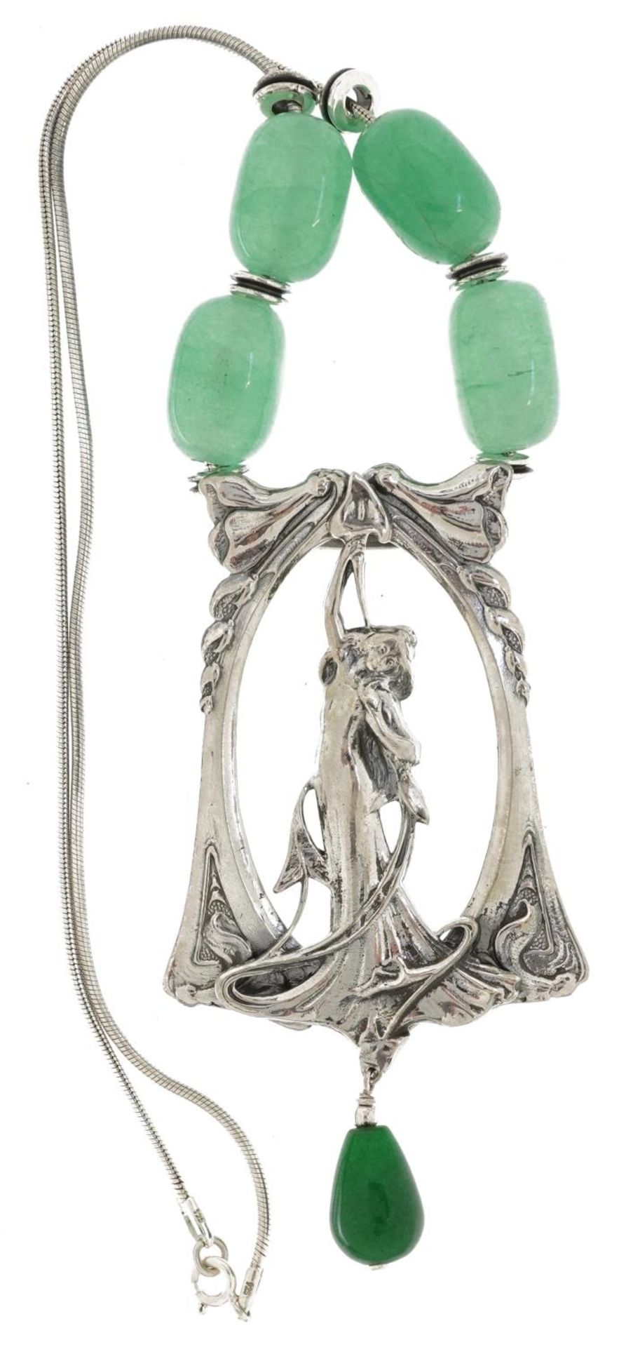 Art Nouveau style sterling silver and green jade necklace in the form of an Art Nouveau female, 40cm - Image 2 of 4