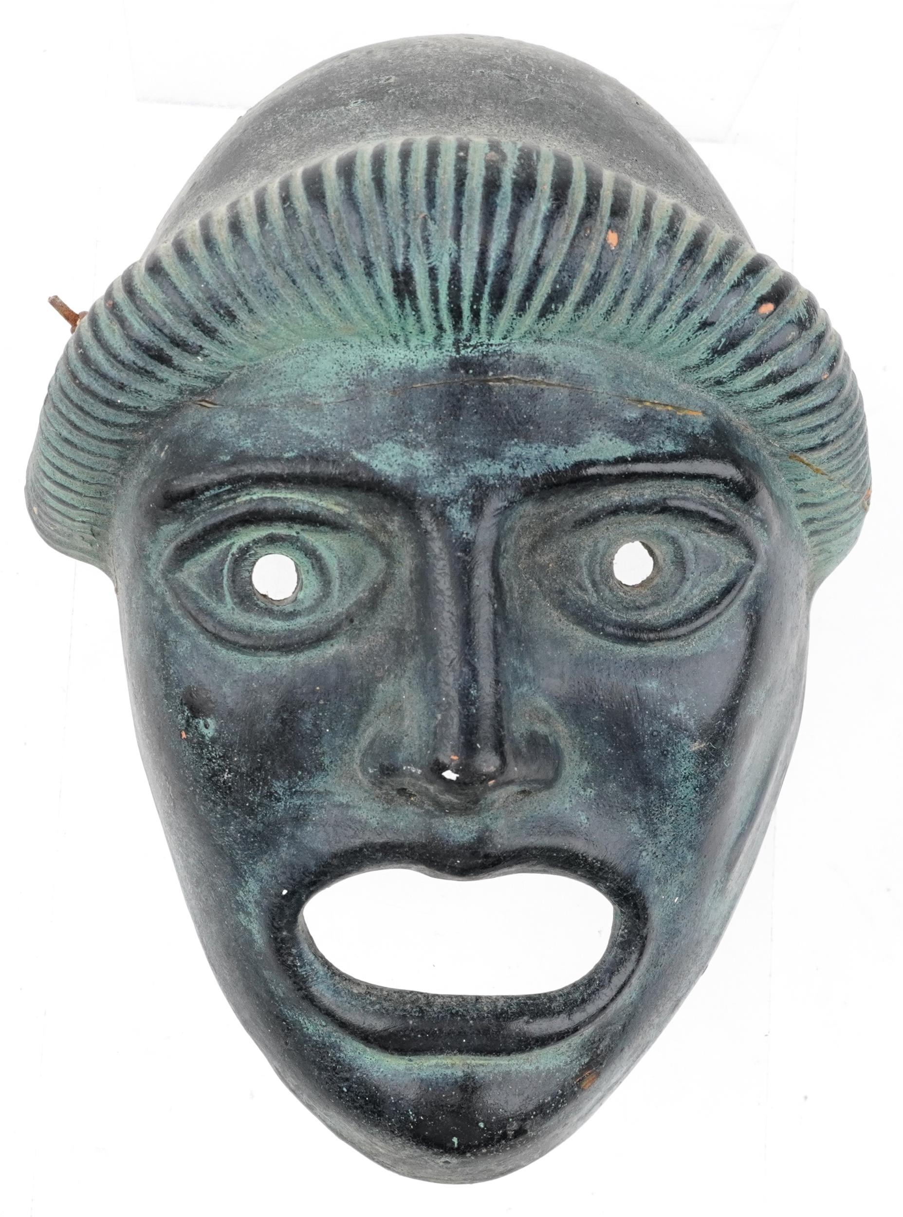 Greek verdigris style terracotta theatrical tragedy wall mask, 24cm high