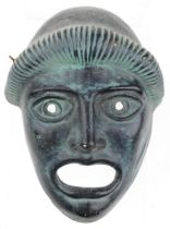 Greek verdigris style terracotta theatrical tragedy wall mask, 24cm high