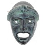 Greek verdigris style terracotta theatrical tragedy wall mask, 24cm high