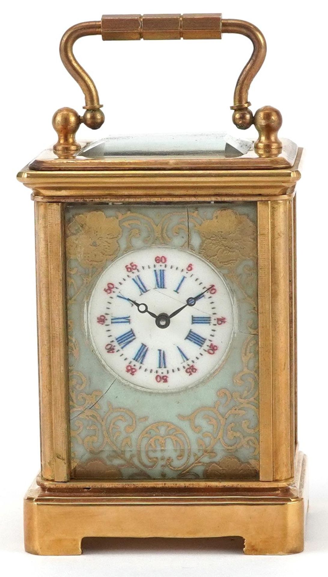 Miniature brass cased carriage clock with Sevres type porcelain panels depicting flowers, 5.5cm high - Image 2 of 8