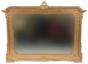 Victorian style gilt painted hardwood wall mirror with acanthus leaf carvings and bevelled glass,