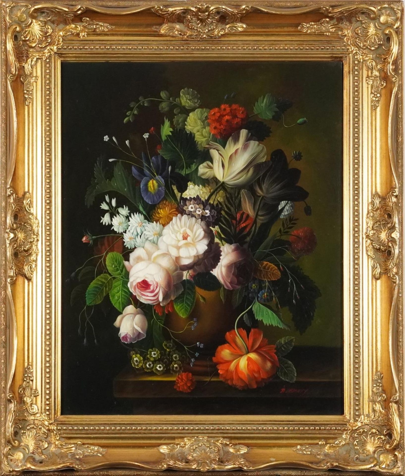 N Kinsky - Still life flowers in a vase, Old Master style oil on wood panel, mounted and framed, - Bild 2 aus 6