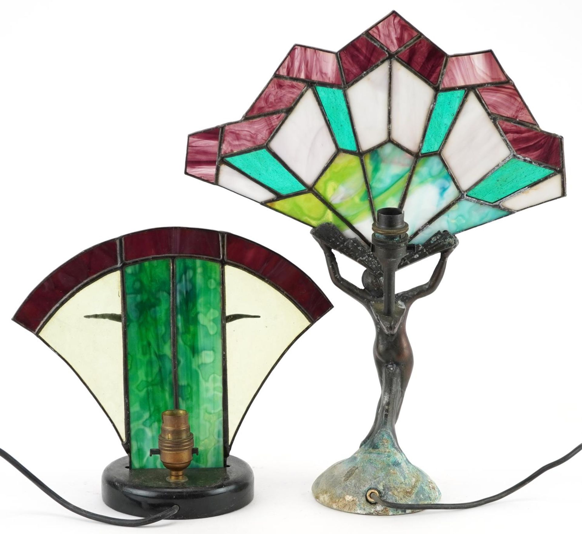 Two bronzed and leaded glass figural table lamps, each mounted with a nude or semi nude Art Deco - Bild 2 aus 3