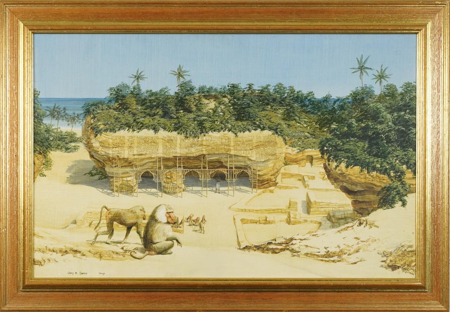 Gary M James - The Baboons Onlooking, Donga, oil on board, mounted and framed, 69cm x 44cm excluding - Image 2 of 4