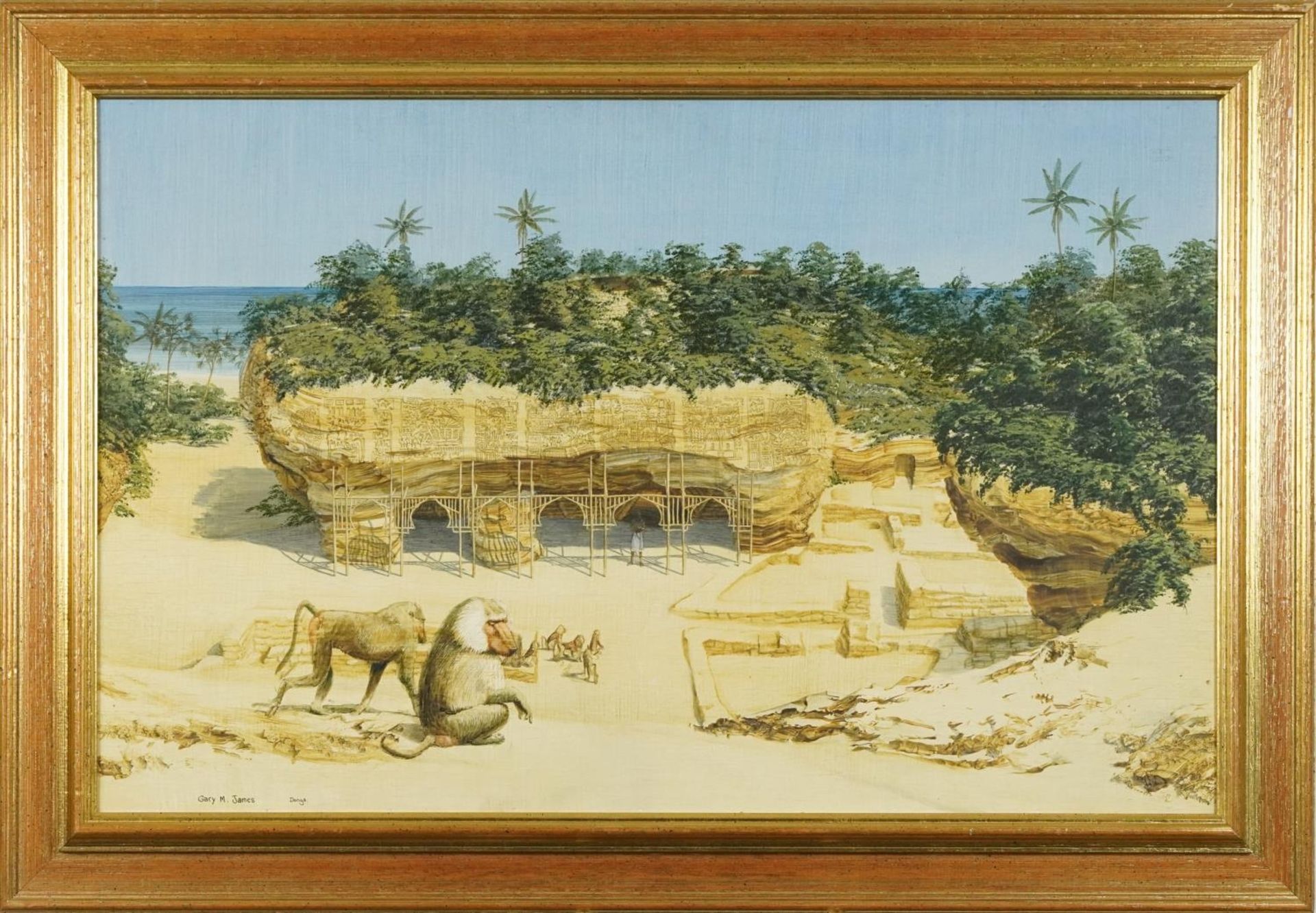 Gary M James - The Baboons Onlooking, Donga, oil on board, mounted and framed, 69cm x 44cm excluding - Bild 2 aus 4