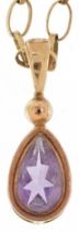 Unmarked gold amethyst teardrop pendant on a 9ct gold necklace, 1.5cm high and 40cm in length, total