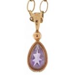 Unmarked gold amethyst teardrop pendant on a 9ct gold necklace, 1.5cm high and 40cm in length, total