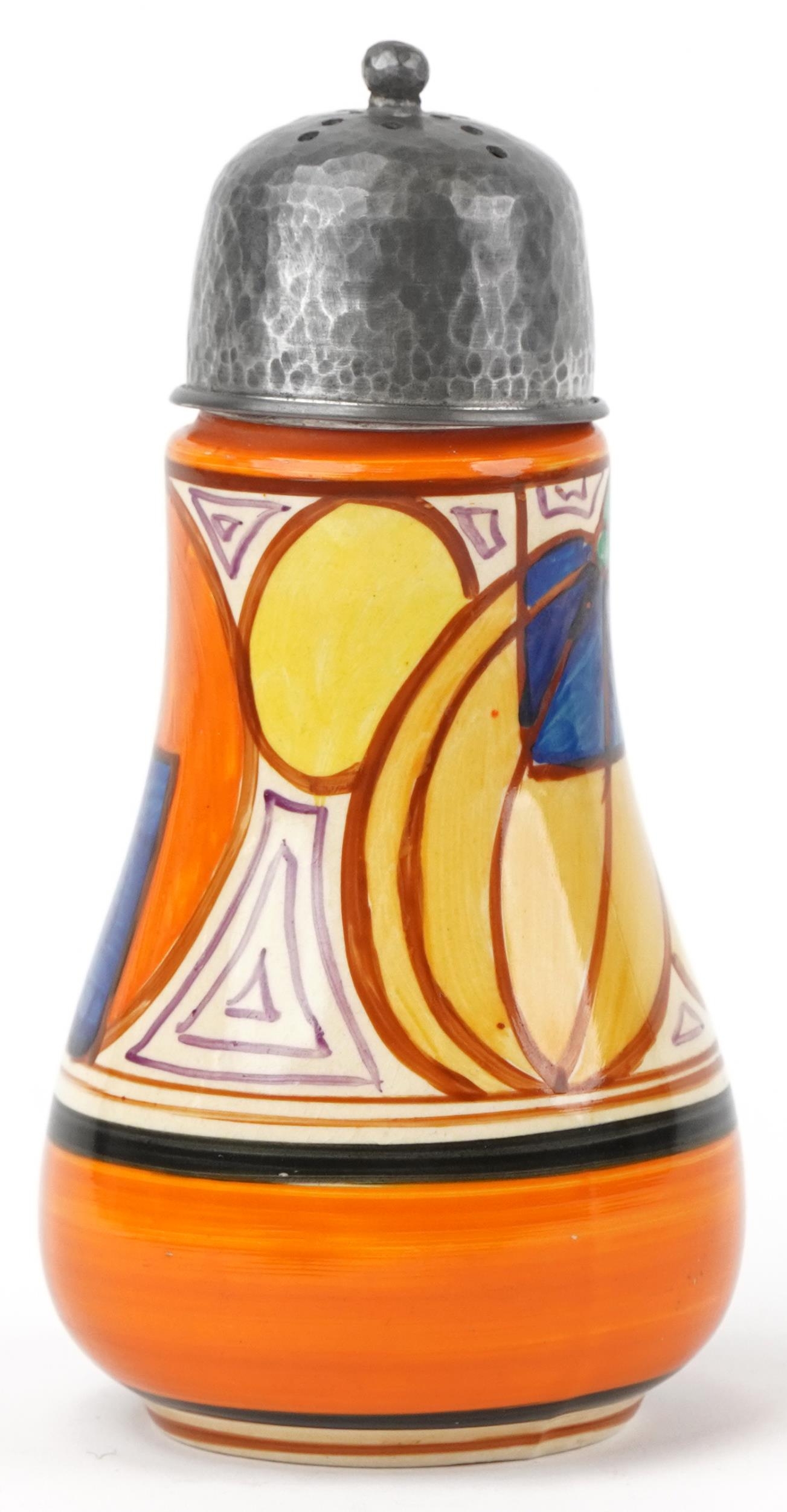 Clarice Cliff, Art Deco Fantastique Bizarre sifter with planished pewter lid hand painted in the - Image 2 of 7